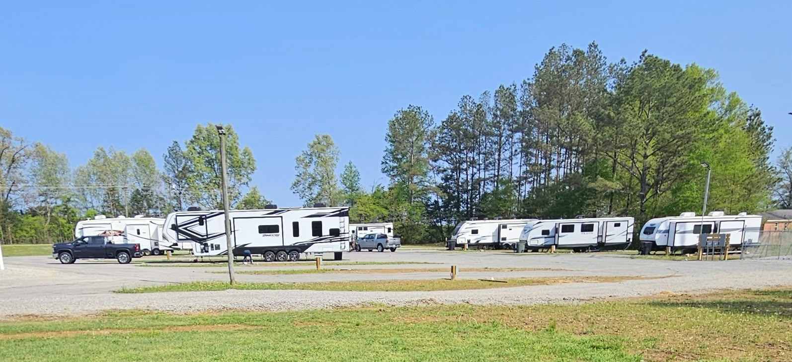 Eight RVs and fifth wheels parked on the gravel apron at Wilbrook RV Park on a clear spring day, with mown green grass in the foreground and a stand of tall pine trees behind them.